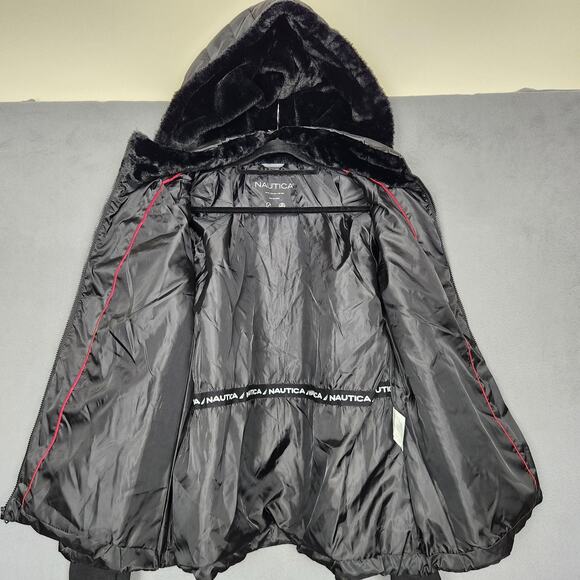 Nautica Jacket Womens 2XL Black Water Resistant Hooded Puffer Faux Fur Trim Coat - Picture 10 of 13